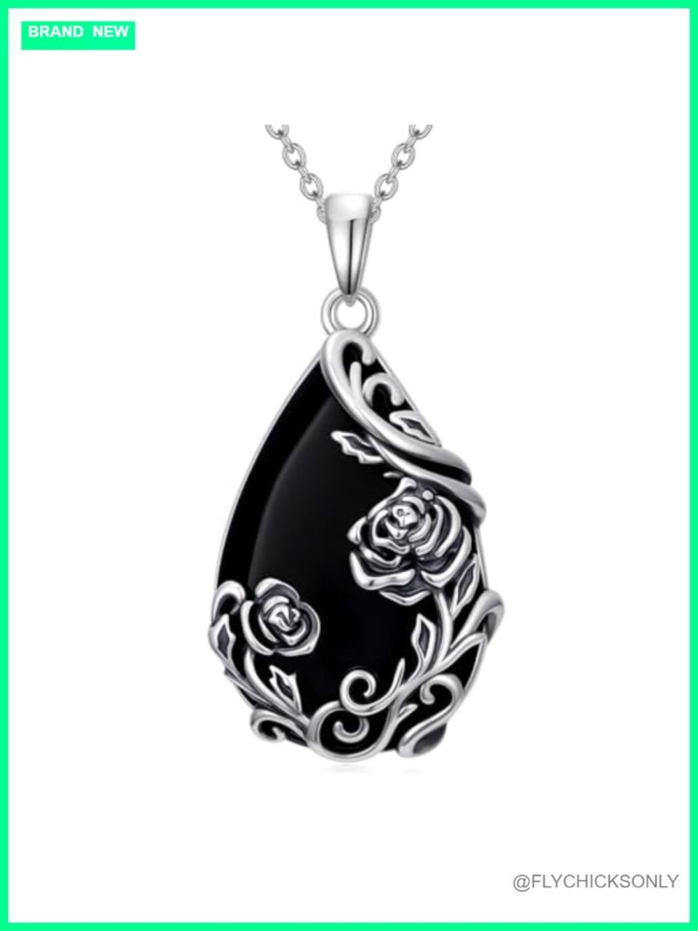HPQQ 925 Sterling Silver Onyx Teardrop Pendant Necklace 18"